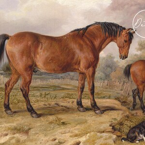 A detailed painting of a brown horse standing in a grassy field, with a dog sitting nearby. Another horse is partially visible. The mood is calm and pastoral.