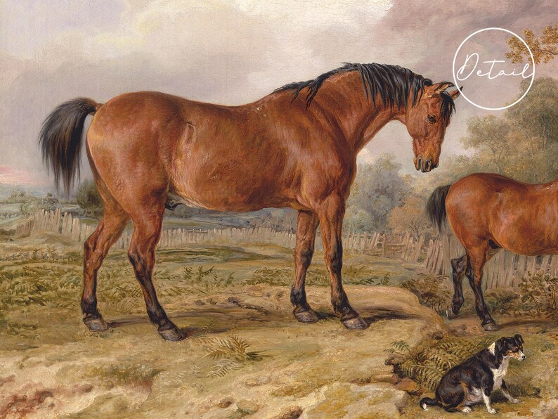 A detailed painting of a brown horse standing in a grassy field, with a dog sitting nearby. Another horse is partially visible. The mood is calm and pastoral.