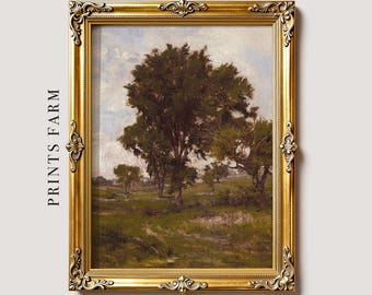 Trees Landscape Print, Vintage Cottage Painting, Farmhouse Decor / P510