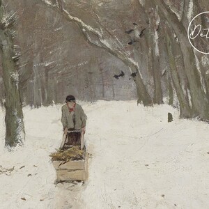 A person pushes a wooden cart filled with straw through a snow-covered forest path. Bare trees line the path, and birds are perched above, creating a serene winter scene.