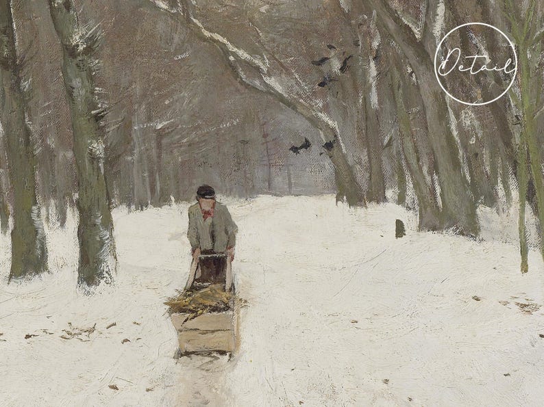 A person pushes a wooden cart filled with straw through a snow-covered forest path. Bare trees line the path, and birds are perched above, creating a serene winter scene.