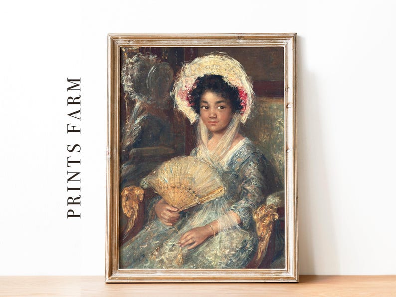 Framed painting of a woman in a bonnet holding a fan, set against a textured background. The style is classical and elegant with soft tones.