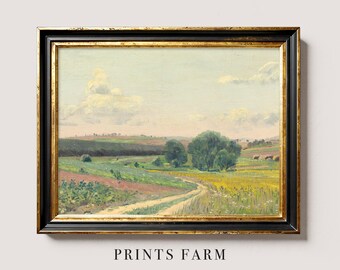 Antique Meadow Print, Country Painting, Farmhouse Decor / P270