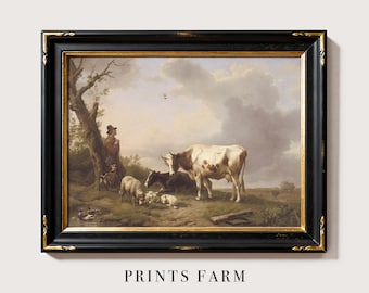 Cows Painting, Vintage Farm Landscape, Rustic Farmhouse Wall Art / P662