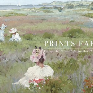 A vintage-style painting depicts three women in pastel dresses with hats, strolling through a lush, green field. Overlaid text reads "Prints Farm: Vintage Art Prints, Gifts for Any Occasion." The scene evokes tranquility and nostalgia.