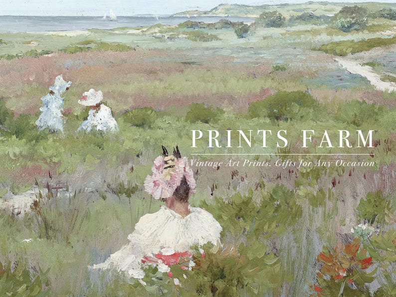 A vintage-style painting depicts three women in pastel dresses with hats, strolling through a lush, green field. Overlaid text reads "Prints Farm: Vintage Art Prints, Gifts for Any Occasion." The scene evokes tranquility and nostalgia.