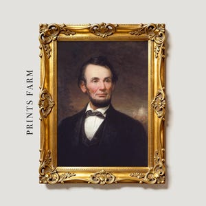 A classic portrait of a man in a suit is framed with an ornate gold frame. The background is dark with subtle details. The mood is formal and historic.
