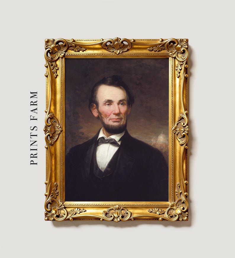 A classic portrait of a man in a suit is framed with an ornate gold frame. The background is dark with subtle details. The mood is formal and historic.