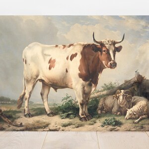 A pastoral scene depicting a cow and two sheep resting under a cloudy sky. The cow stands prominently in the center, conveying a peaceful rural setting.