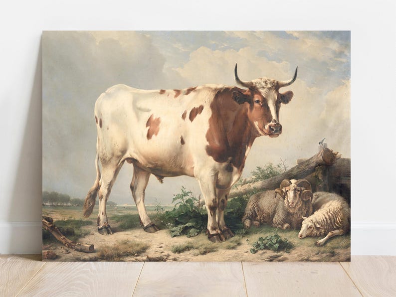 A pastoral scene depicting a cow and two sheep resting under a cloudy sky. The cow stands prominently in the center, conveying a peaceful rural setting.