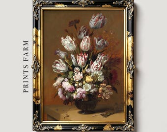 Pintura de bodegón de tulipanes, impresión decorativa de flores / P90