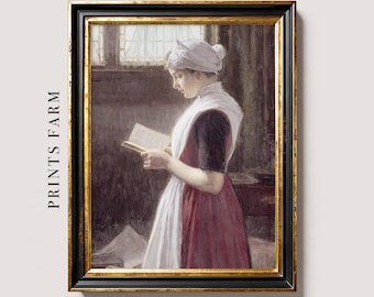 Girl Reading Print, Vintage Woman Portrait, Book Lover Decor / P388