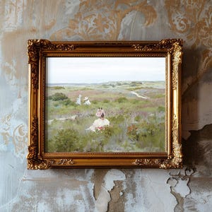 A framed painting on a textured wall depicts a serene field with flowers and distant figures. The gold frame adds an elegant touch to the worn backdrop.