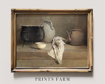 Pots Still Life Print, Rustic Painting, Country Kitchen Wall Art / P48