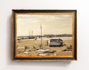 Seaside Painting, Vintage Boats Landscape, Coastal Decor / P904