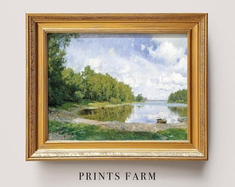 Lake Landscape Print, Countryside Painting, Pastoral Decor / P336