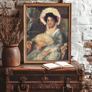 Framed vintage portrait of a woman with a fan, resting on an old chest against a brick wall. A vase of dry twigs and an open book add rustic charm.