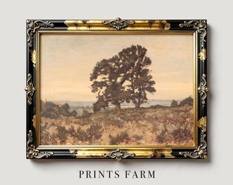 Oak Landscape Print, Antique Meadow Painting, Countryside Decor / P518