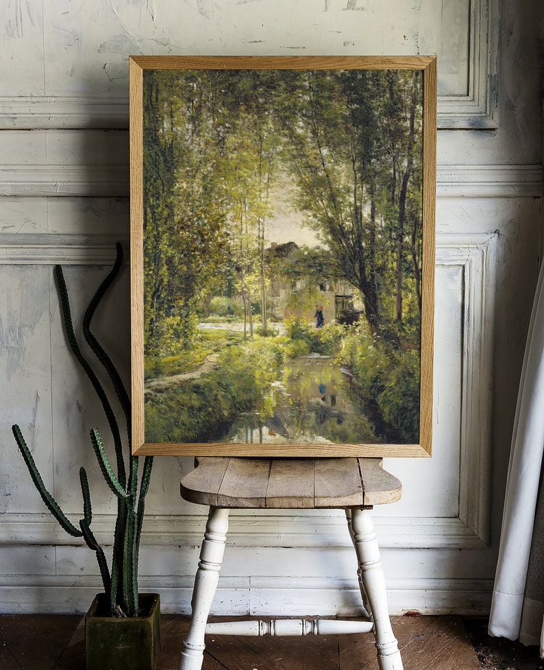 River Landscape, Cottage Painting, Rural Landscape, Farmhouse Decor, Vintage Print / P263 image 2