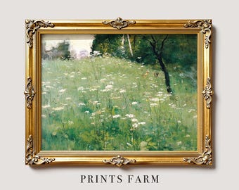 Meadow Landscape Print, Vintage Wildflowers Artwork, Spring Wall Decor / P736