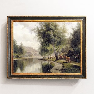River Landscape, Cows Painting, Cattle Painting, Country Landscape, Farmhouse Decor, Mailed Print / P523