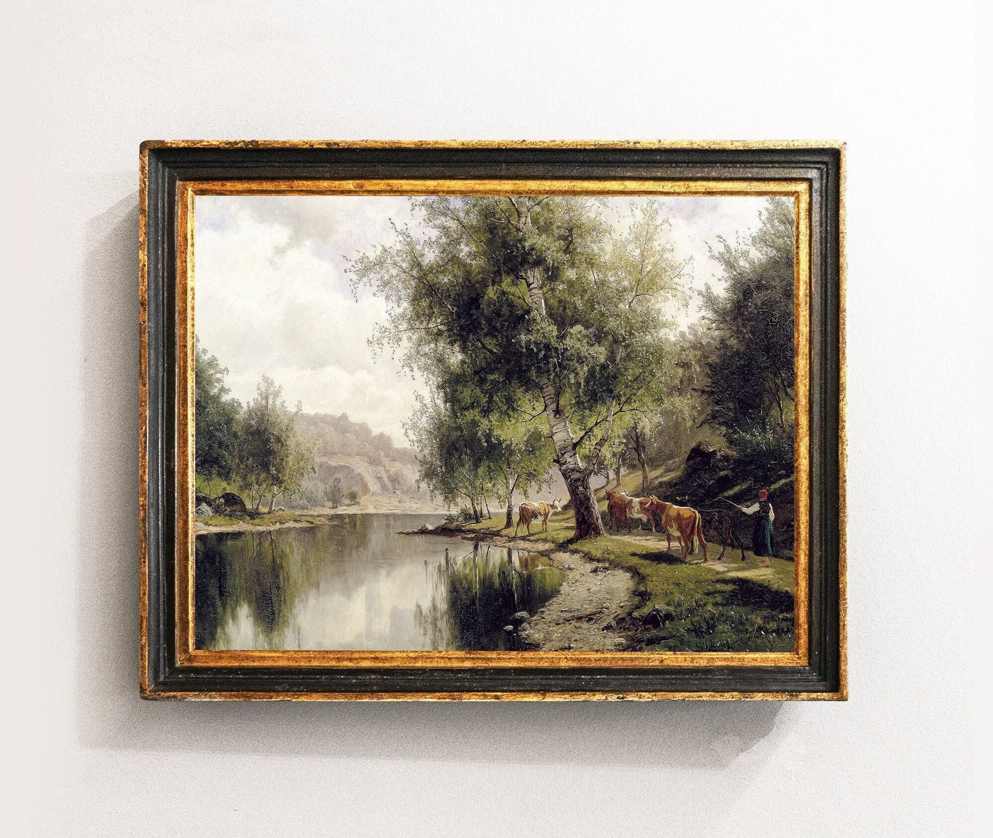 River Landscape, Cows Painting, Cattle Painting, Country Landscape, Farmhouse Decor, Mailed Print / P523