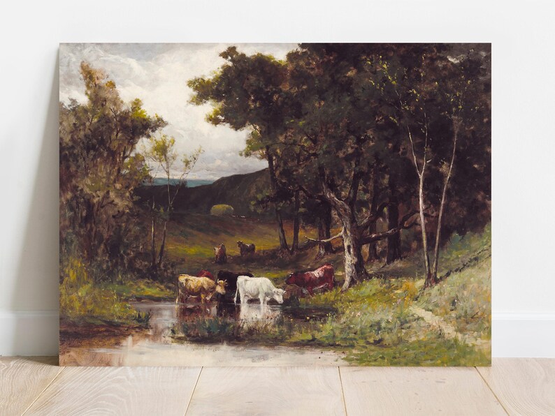 Painting of cows gathered by a serene pond, surrounded by lush trees and rolling hills under a cloudy sky. The scene is tranquil and pastoral.