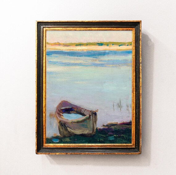 Vintage Boat Painting, Lake Landscape Coastal Art Print / P849