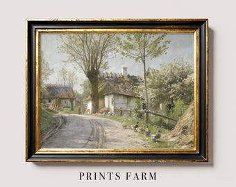 Country Landscape Art Print, Vintage Cottage Painting / P252