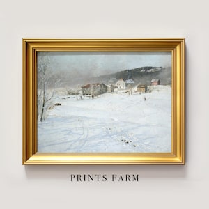 A serene winter landscape painting in a golden frame shows snow-covered fields, leafless trees, and distant farmhouses under a muted sky. The mood is tranquil.