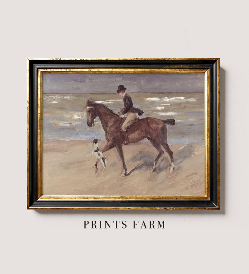 Framed painting of a rider on horseback with a dog on a beach. The scene is serene, with soft colors and gentle waves. Text reads "Prints Farm."