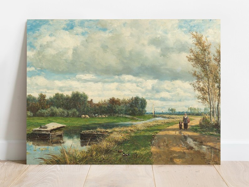 A serene landscape painting features a dirt path beside a calm river, with a small boat moored. Two figures walk together under a vast, cloudy sky.