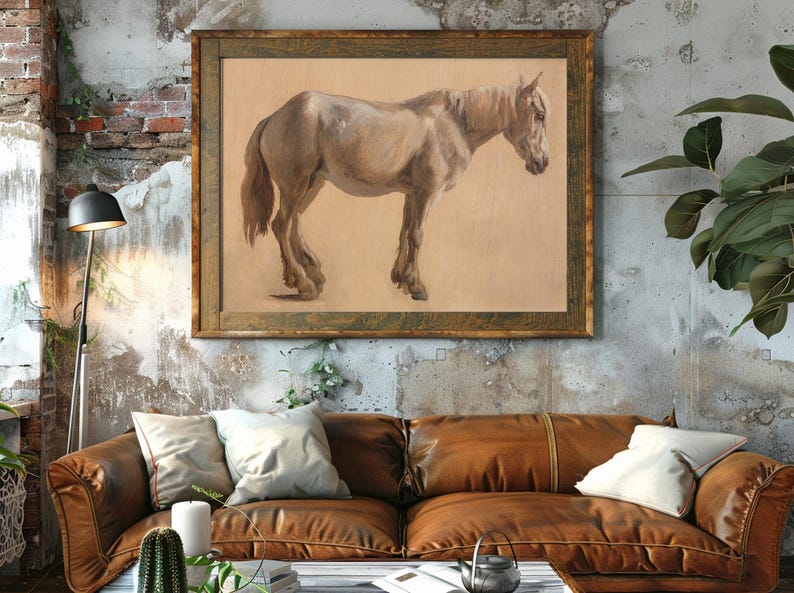 A rustic living room with a brown leather couch and cozy pillows. Above, a large framed painting of a horse on a textured wall, exuding warmth and tranquility.
