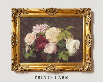 Vintage Roses Painting, Flowers Still Life Print, Botanical Wall Decor / P611