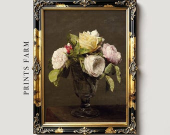 Roses Still Life Painting, Farmhouse Decor, Mailed Print