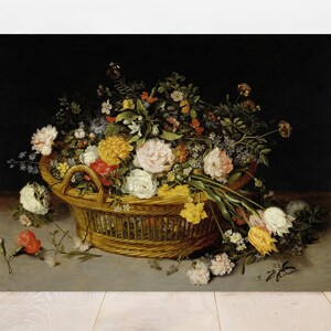 A wicker basket brimming with vibrant flowers, including roses and marigolds, against a dark backdrop. The tone is rich and elegant, highlighting natural beauty.