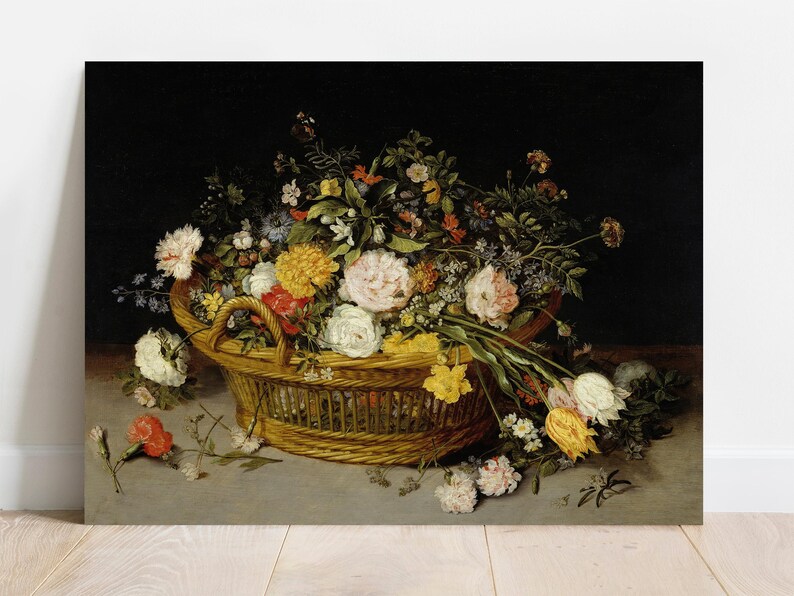 A wicker basket brimming with vibrant flowers, including roses and marigolds, against a dark backdrop. The tone is rich and elegant, highlighting natural beauty.