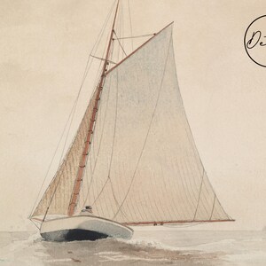 A watercolor painting of a sailboat with a white sail and brown mast, sailing on a calm body of water. The sail is billowing in the wind, and the boat is moving forward.