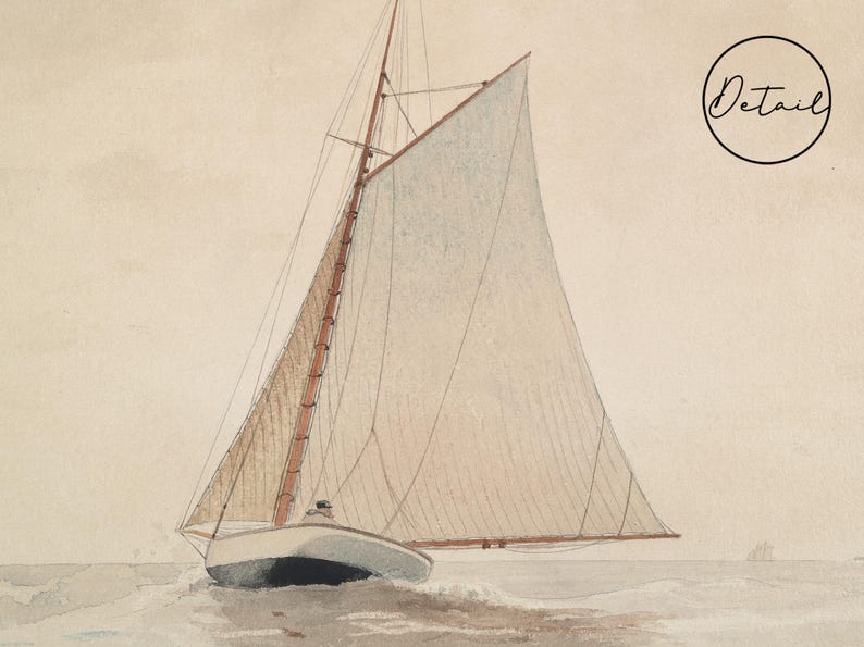 A watercolor painting of a sailboat with a white sail and brown mast, sailing on a calm body of water. The sail is billowing in the wind, and the boat is moving forward.