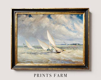 Vintage Sailboat Print, Seascape Painting, Coastal Decor / P305