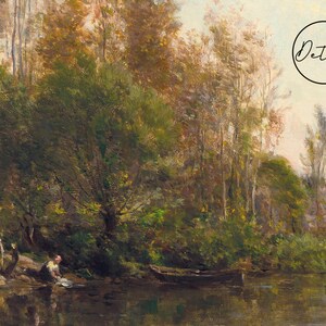 An impressionistic painting of a river scene with trees and figures. The artwork features a dark, reflective body of water, lush green and brown foliage, and a soft, natural color palette. The word "Detail" is in a circle in the upper right corner.