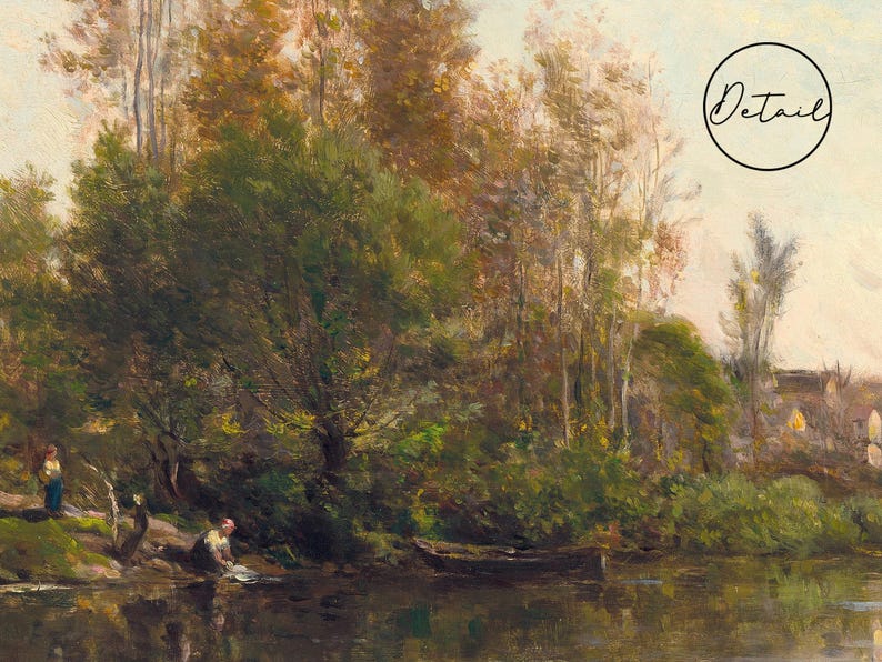 An impressionistic painting of a river scene with trees and figures. The artwork features a dark, reflective body of water, lush green and brown foliage, and a soft, natural color palette. The word "Detail" is in a circle in the upper right corner.