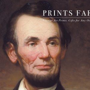 Portrait of a bearded man with a thoughtful expression, next to the text "Prints Farm: Vintage Art Prints, Gifts for Any Occasion" in elegant font.
