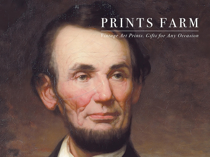 Portrait of a bearded man with a thoughtful expression, next to the text "Prints Farm: Vintage Art Prints, Gifts for Any Occasion" in elegant font.