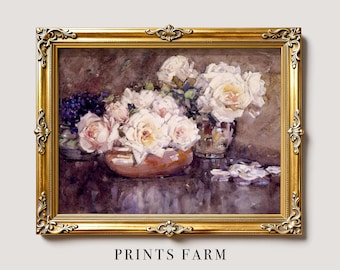 Vintage Roses Painting, Floral Still Life Print, Flower Wall Art / P821
