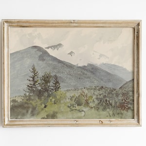 Mountains Watercolor, Country Landscape, Meadow Painting,Forest Landscape, Home Decor, Vintage Art / P472