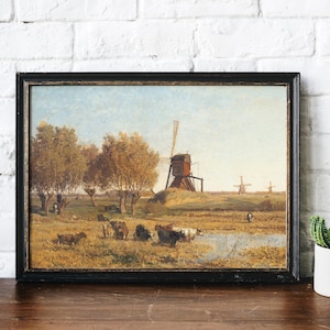 Windmill Painting, Cows Painting, Dutch Windmill, Farmhouse Print, Vintage Art / P79