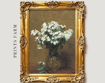 Rustic Floral Painting, White Flower Print, Farmhouse Decor / P580