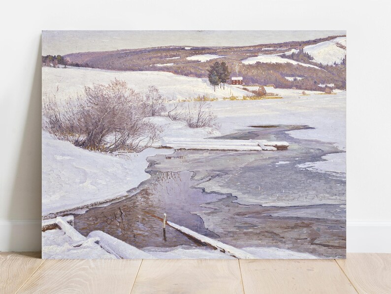 Snowy landscape painting featuring a partially frozen river, bare trees, and distant hills. A small house and muted tones convey a serene, chilly atmosphere.