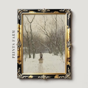 Framed painting of a winter scene with bare trees lining a snow-covered path. A person in the distance pulls a sled, evoking quiet and solitude.